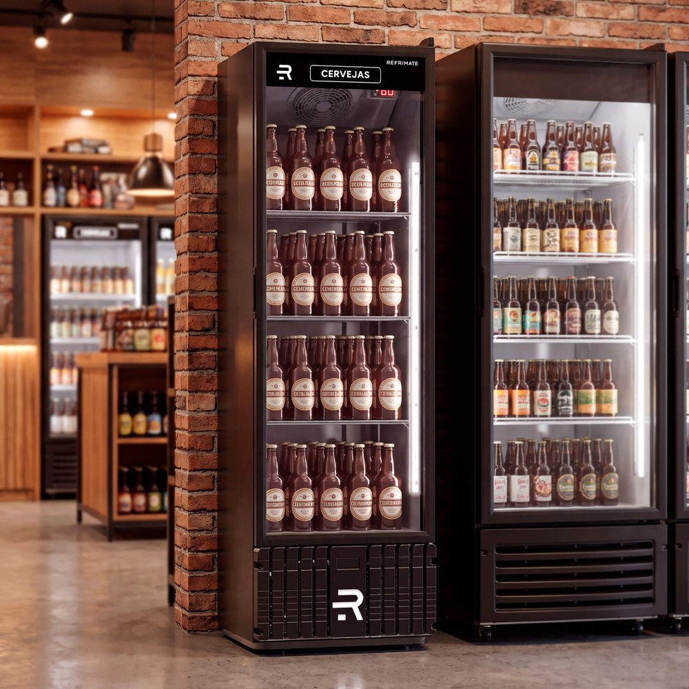 Cervejeira de porta de vidro cheia de garrafas em um bar