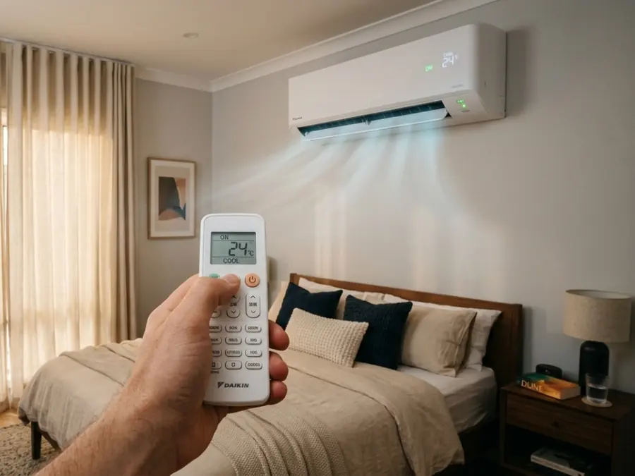 Quarto com ar-condicionado split ligado em 24 graus